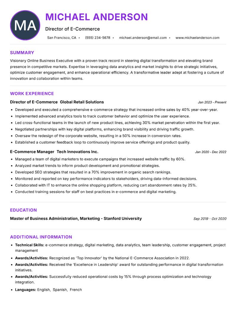 Online Business Executive resume example — ATS-friendly template
