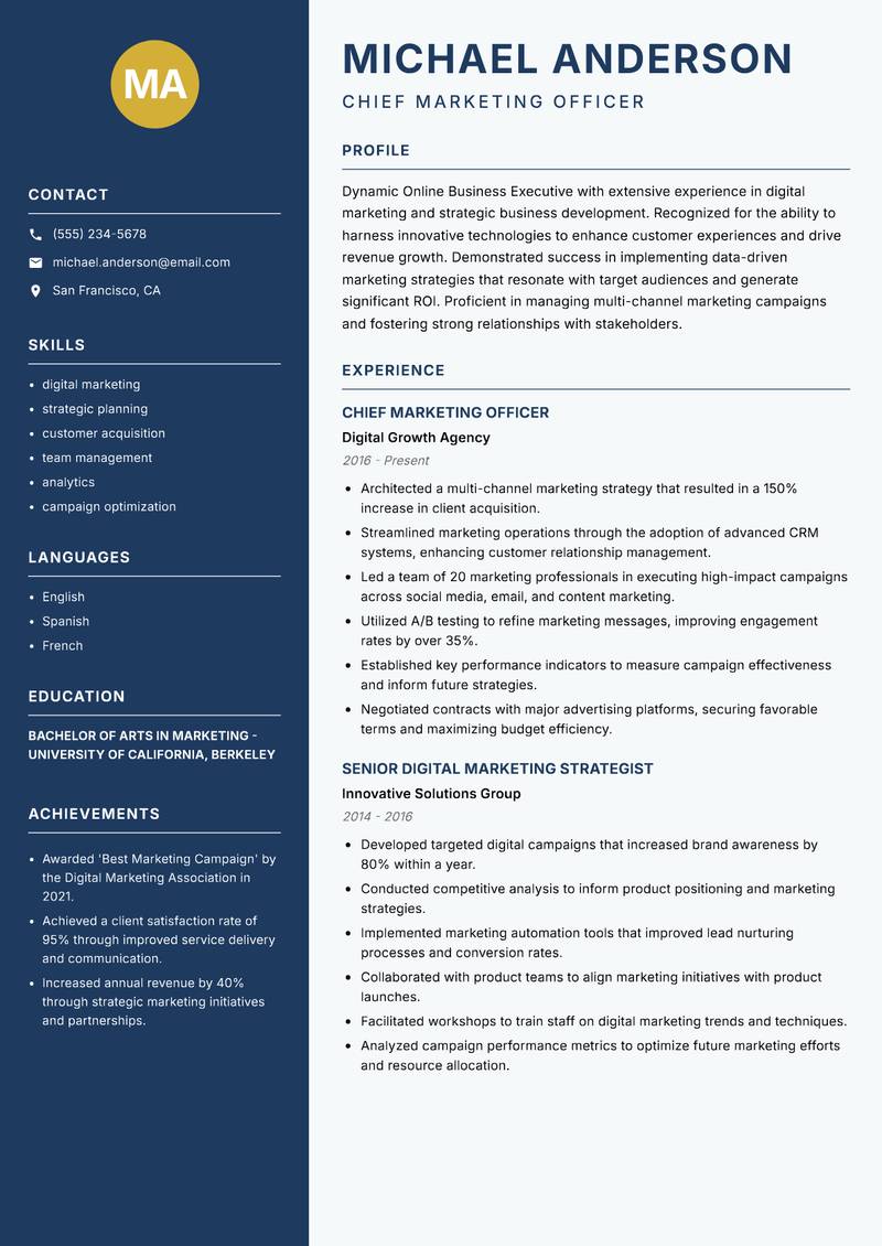 Online Business Executive resume template — Classic Clean