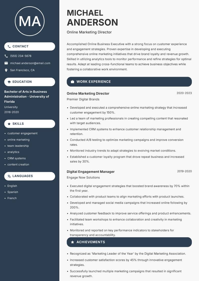 Online Business Executive resume template — Compact