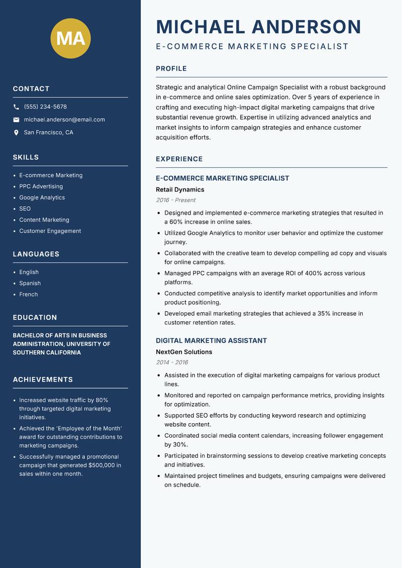 Online Campaign Specialist resume template — Classic Clean