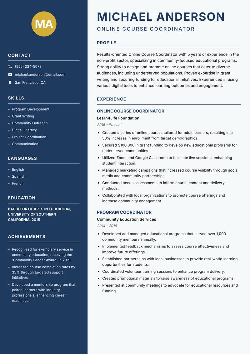 Online Course Coordinator resume template — Classic Clean