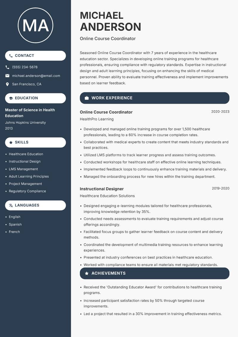 Online Course Coordinator resume template — Compact
