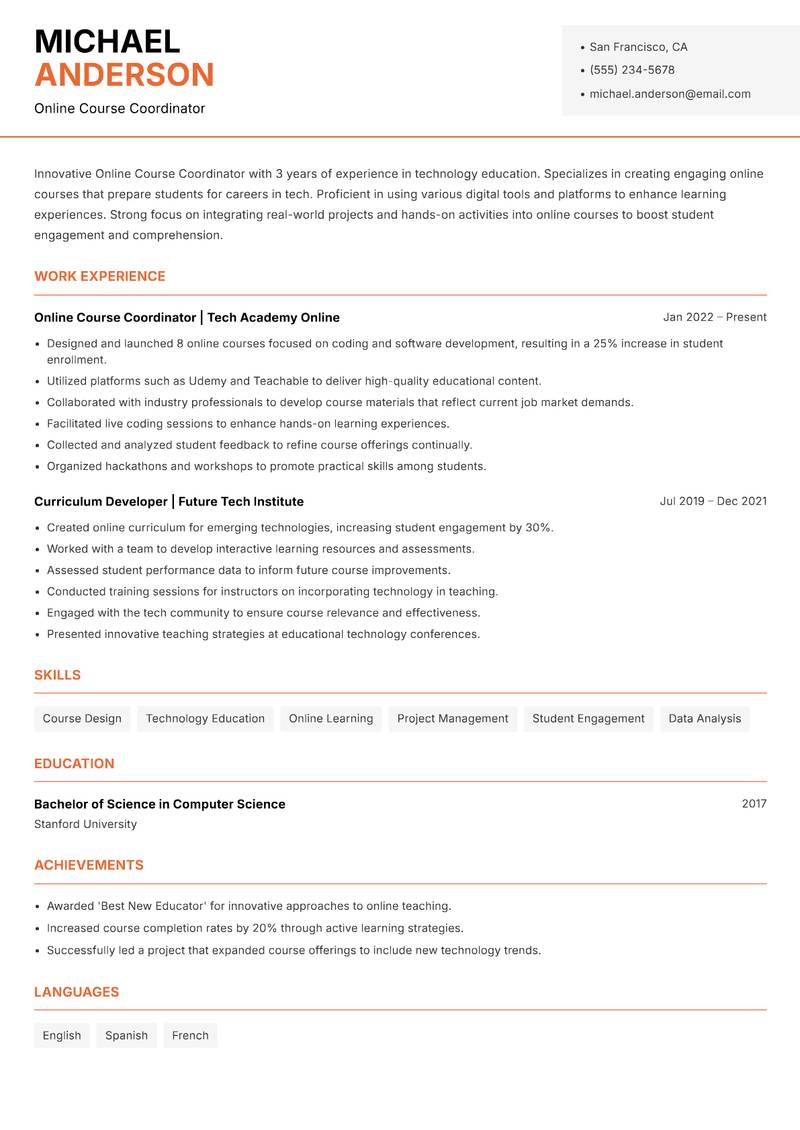 Online Course Coordinator resume template — Modern Professional