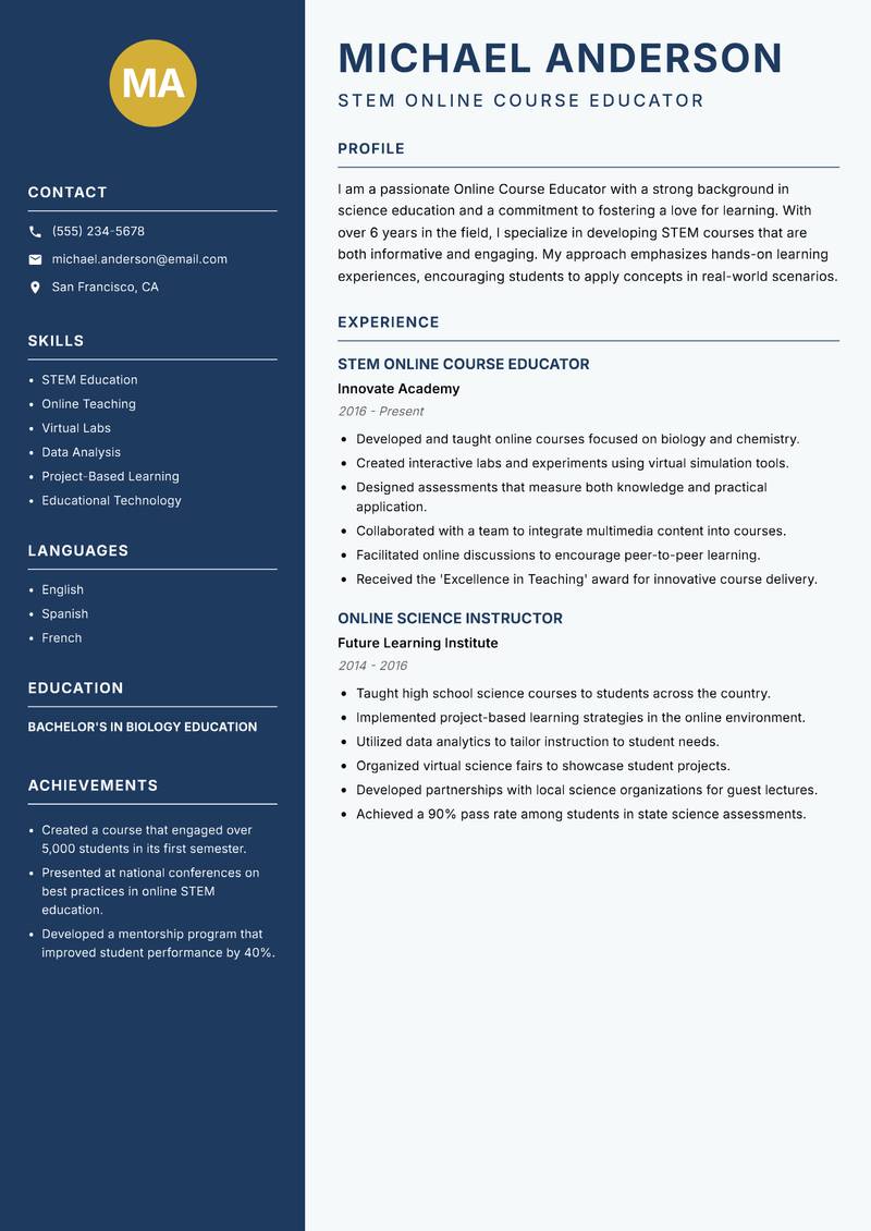 Online Course Educator resume template — Classic Clean