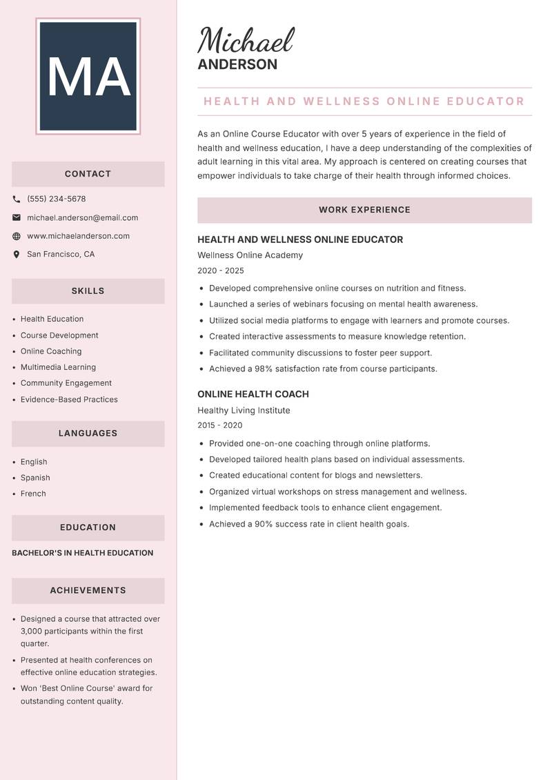 Online Course Educator resume template — Executive