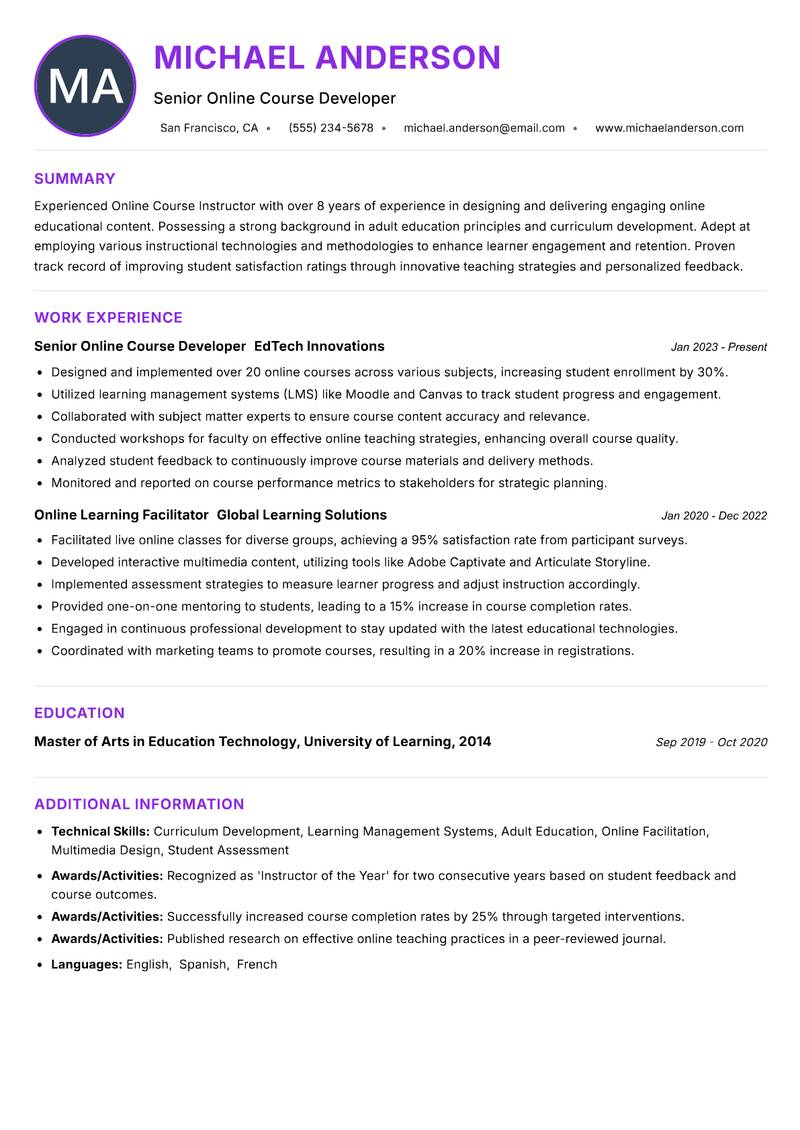 Online Course Instructor resume example — ATS-friendly template