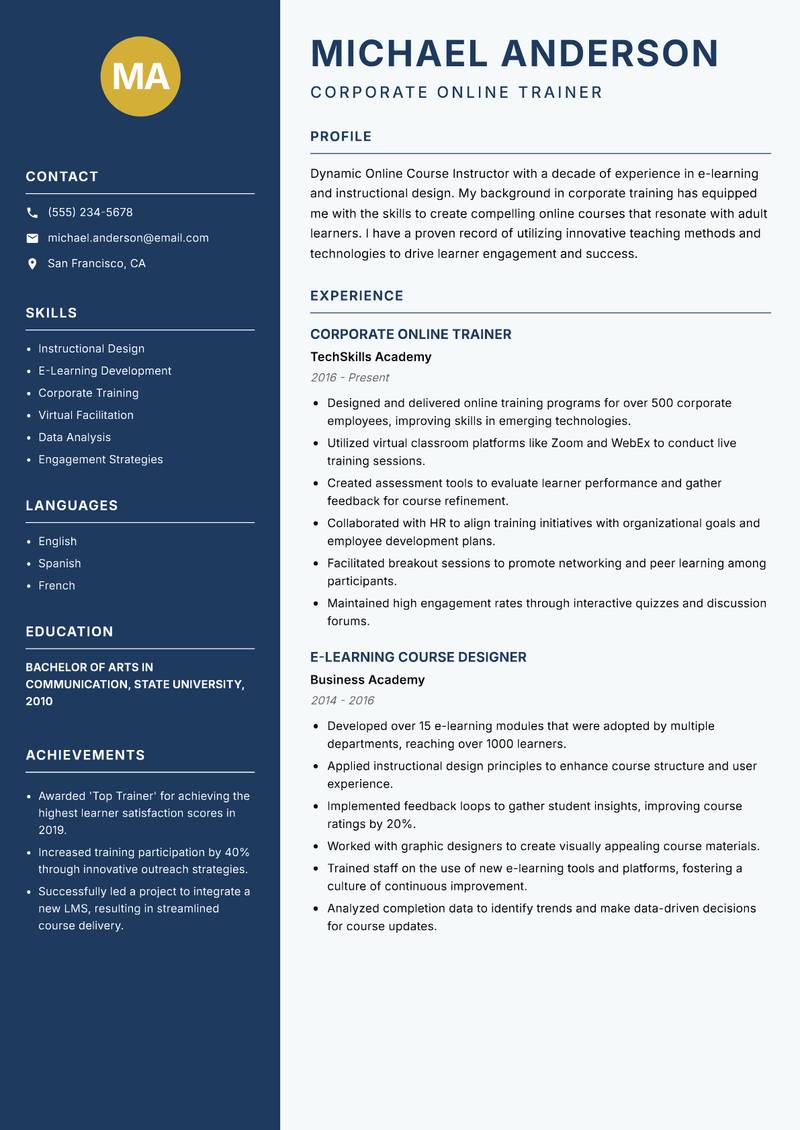 Online Course Instructor resume template — Classic Clean