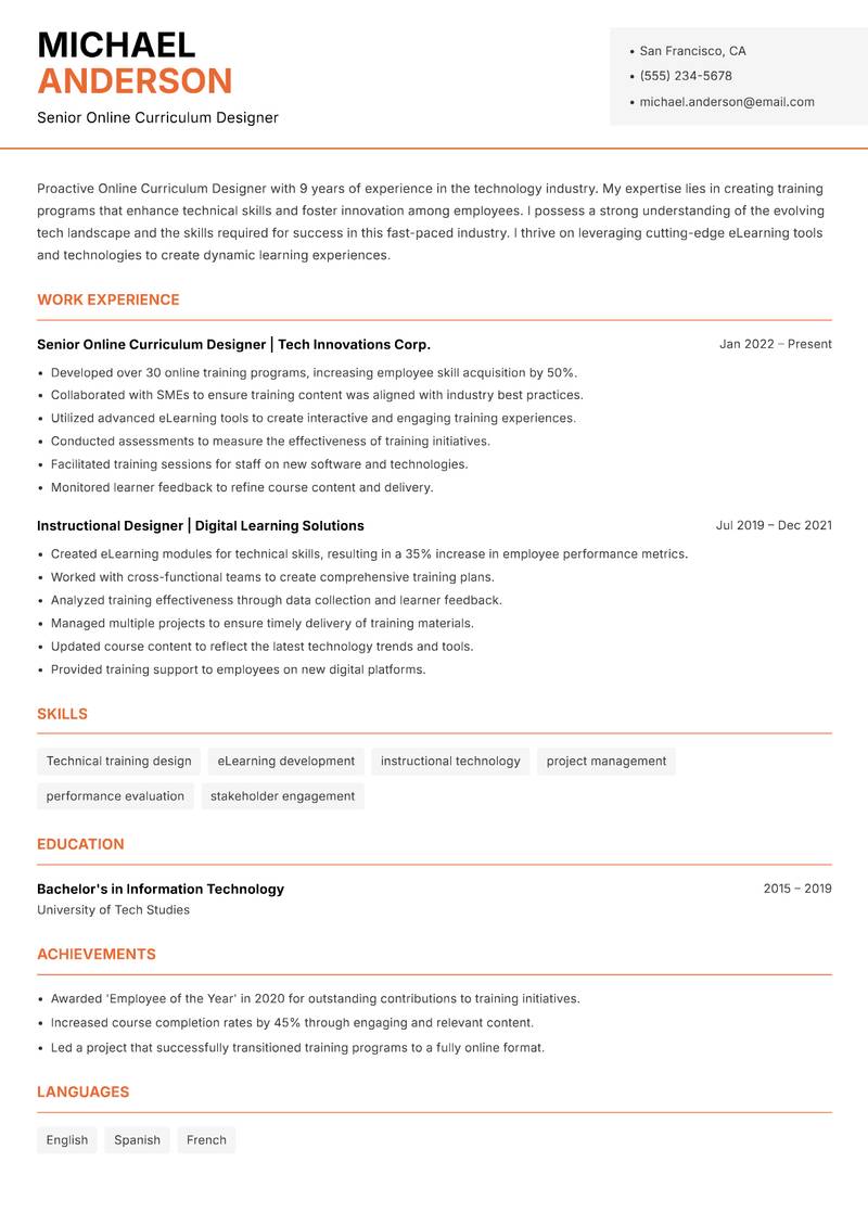 Online Curriculum Designer resume template — Modern Professional