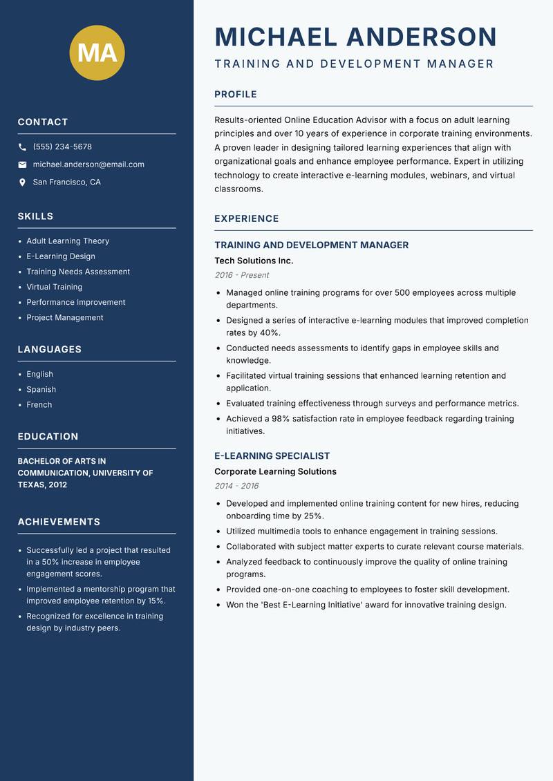 Online Education Advisor resume template — Classic Clean