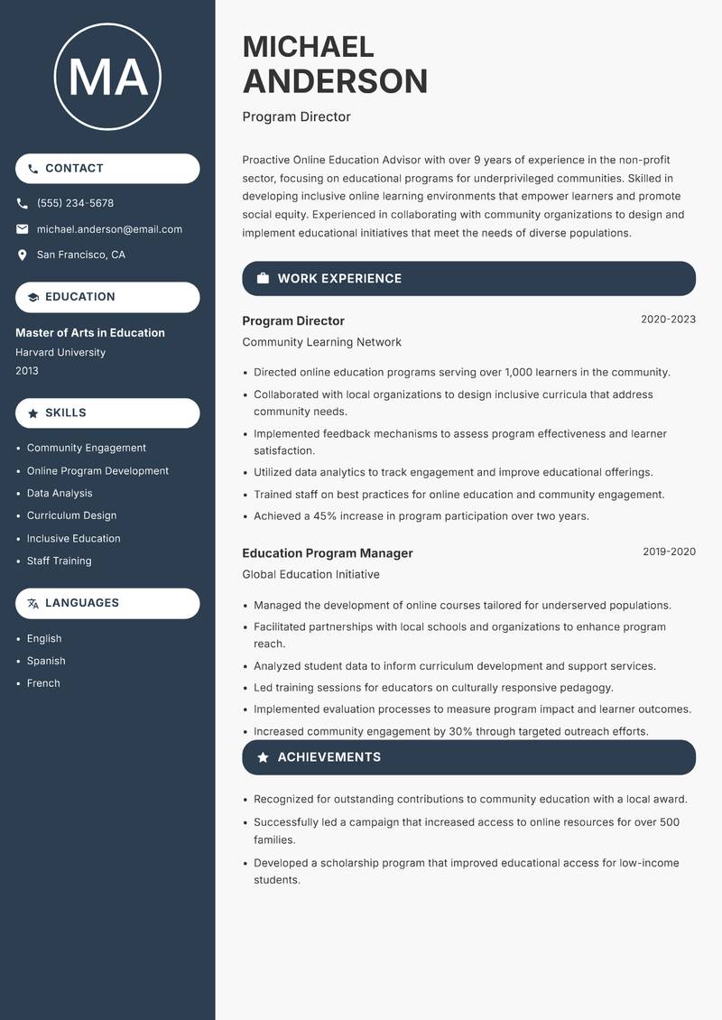 Online Education Advisor resume template — Compact