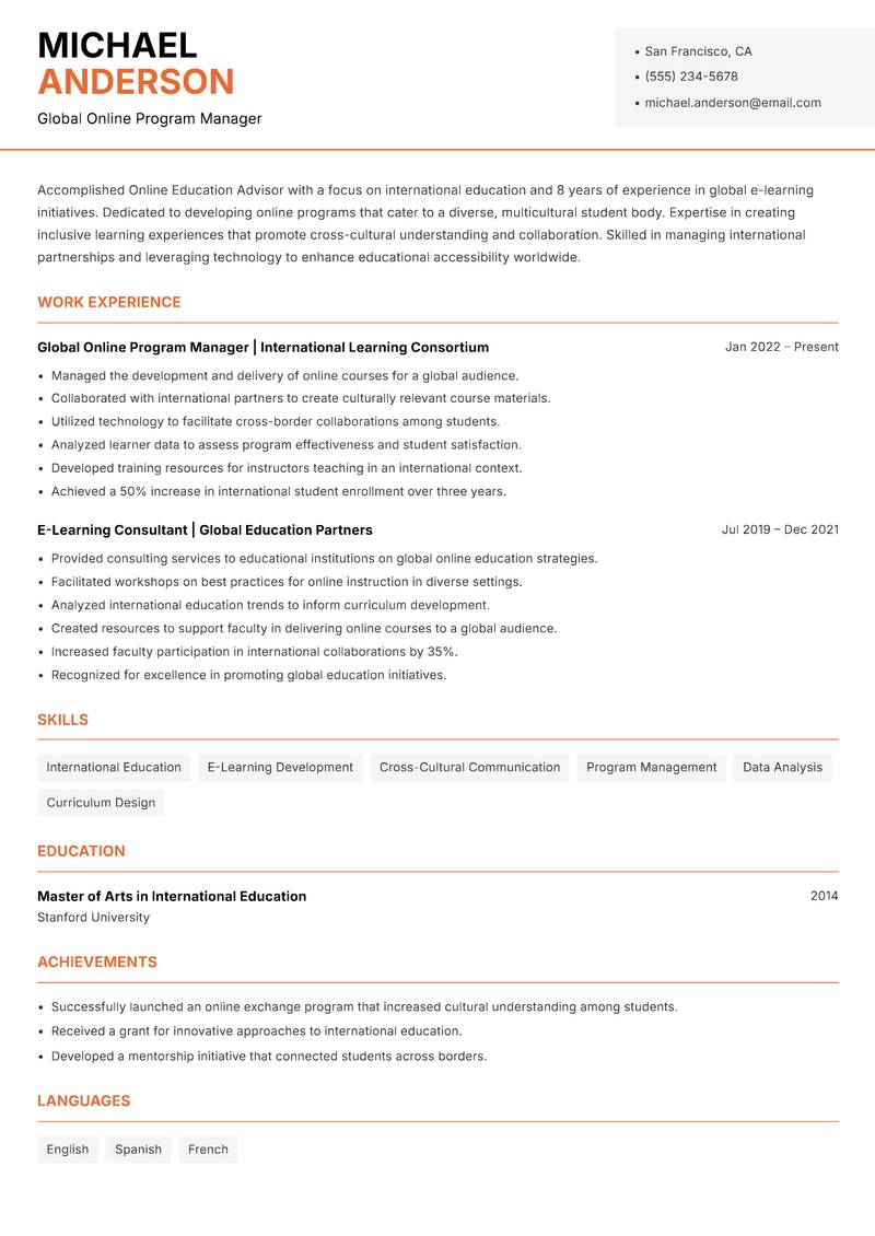 Online Education Advisor resume template — Modern Professional