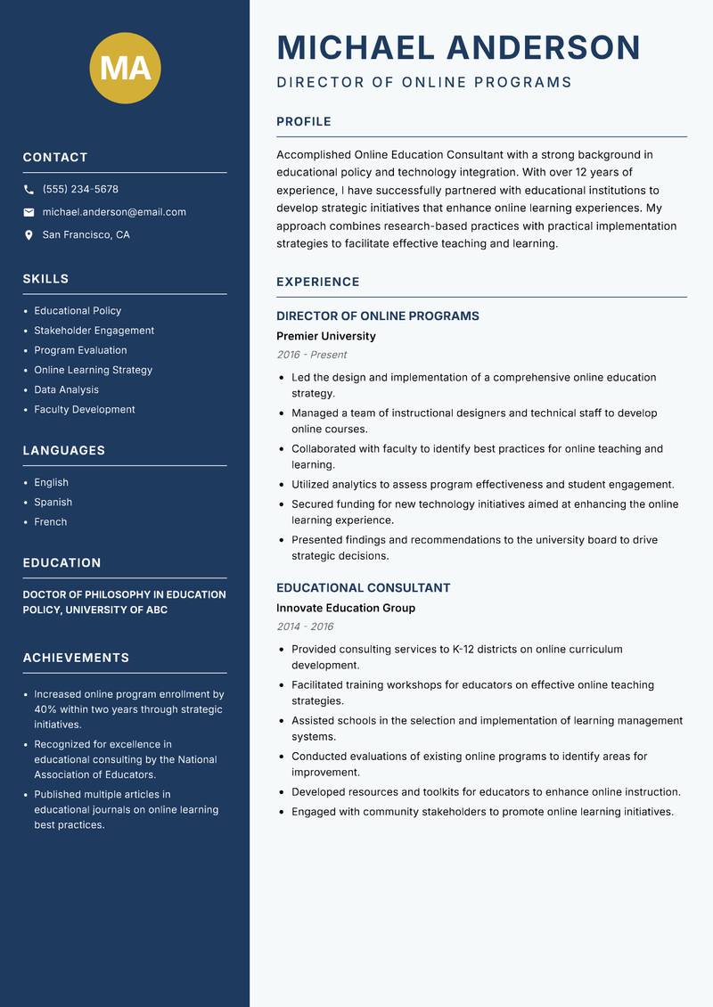 Online Education Consultant resume template — Classic Clean