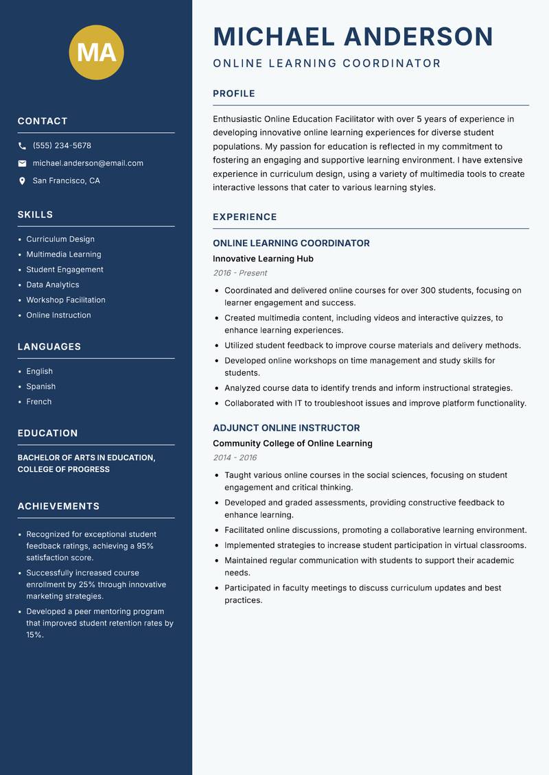 Online Education Facilitator resume template — Classic Clean