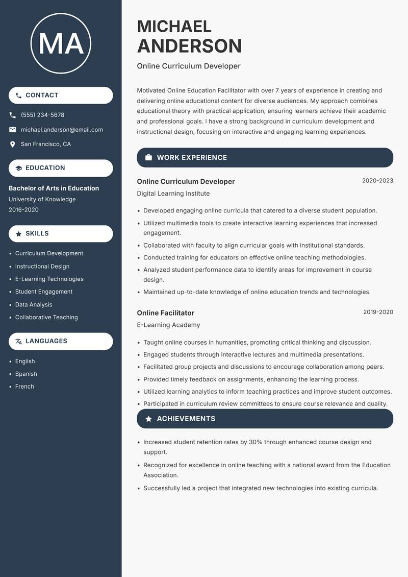 Online Education Facilitator resume template — Compact