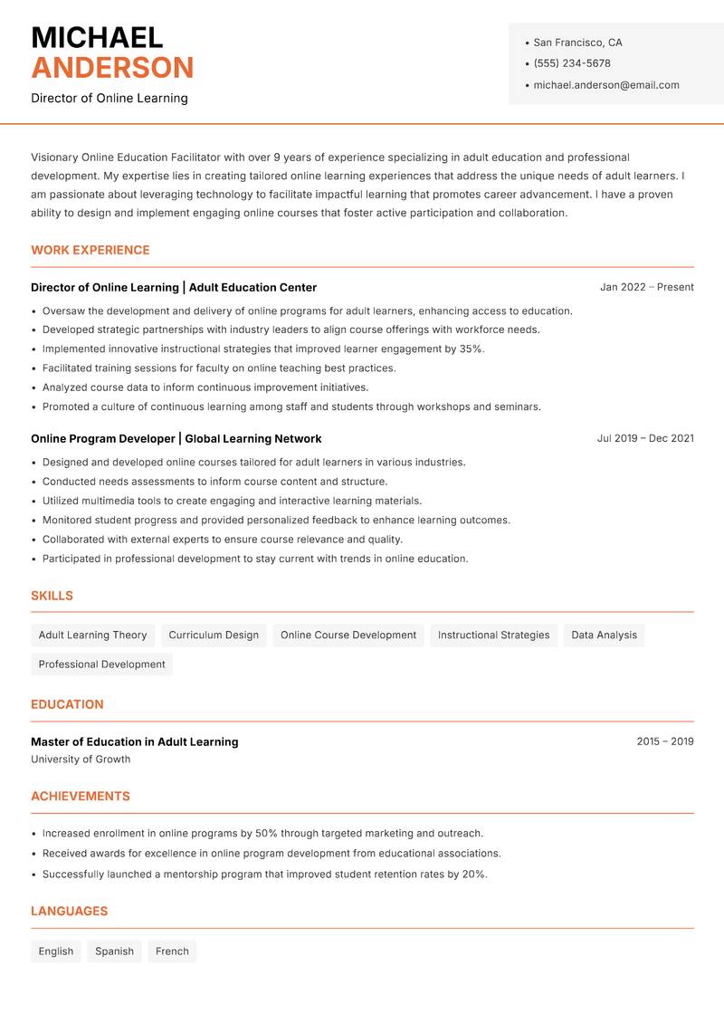 Online Education Facilitator resume template — Modern Professional