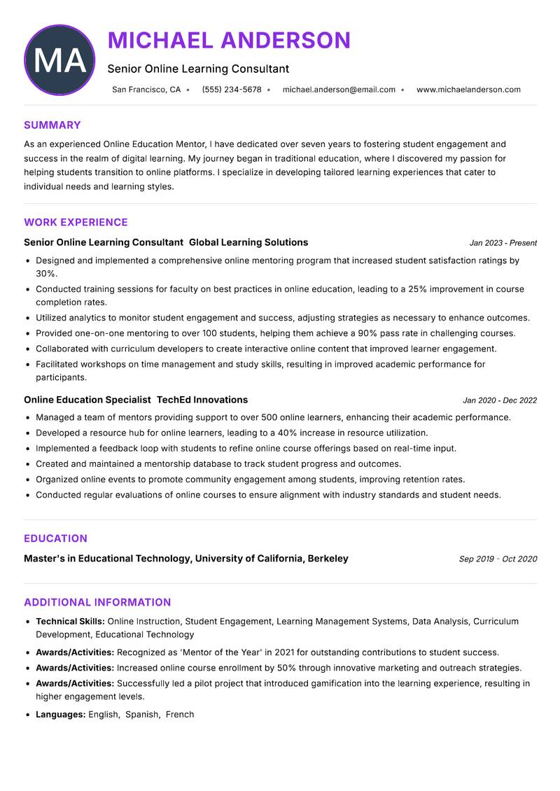 Online Education Mentor resume example — ATS-friendly template
