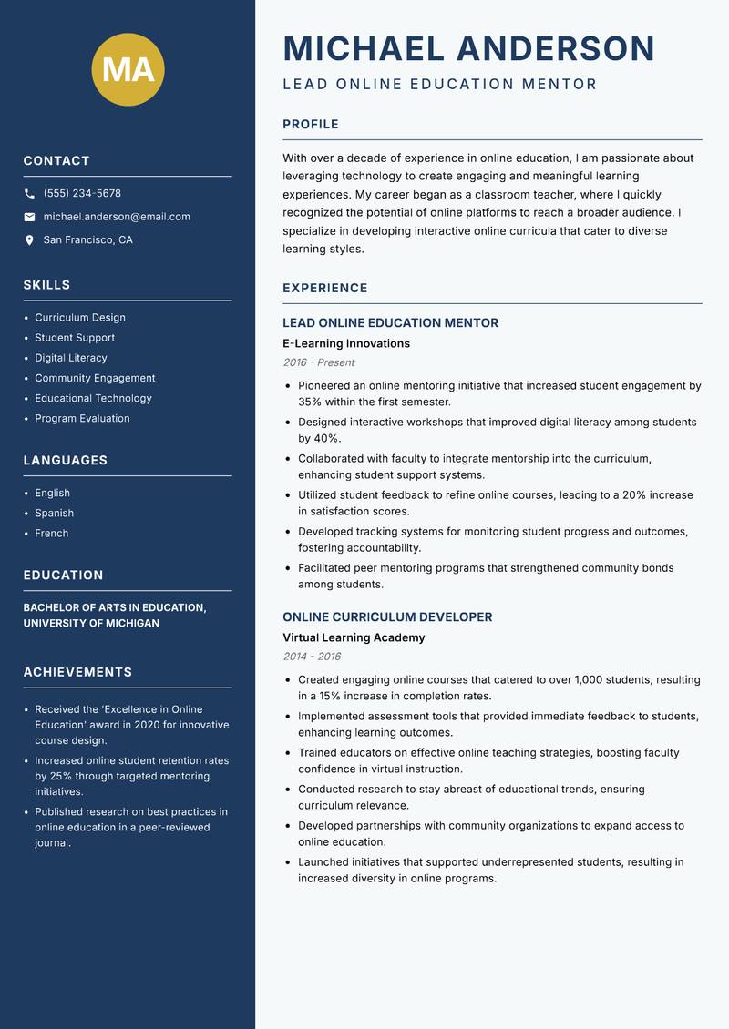 Online Education Mentor resume template — Classic Clean