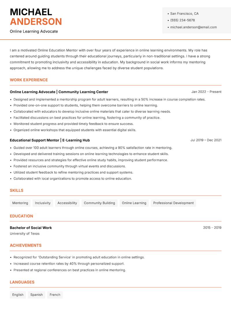 Online Education Mentor resume template — Modern Professional