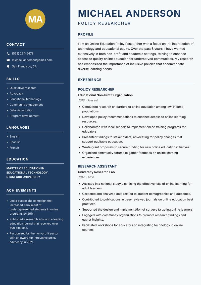 Online Education Policy Researcher resume template — Classic Clean