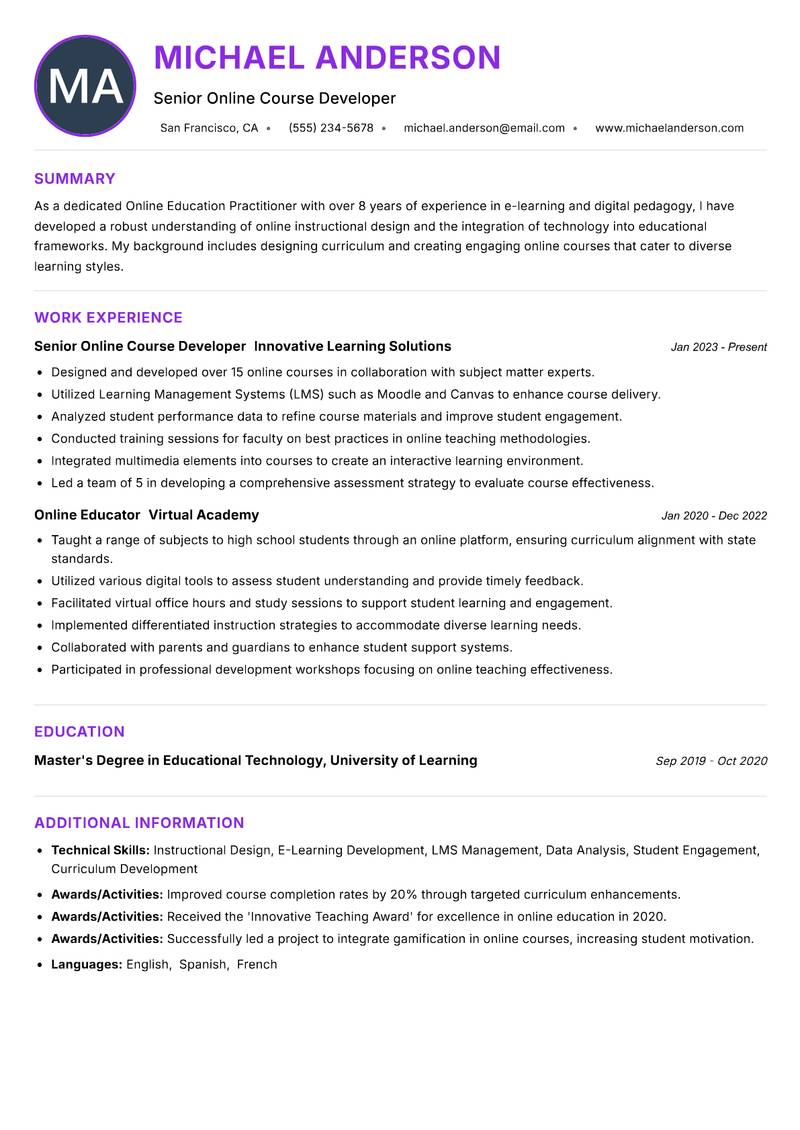 Online Education Practitioner resume example — ATS-friendly template