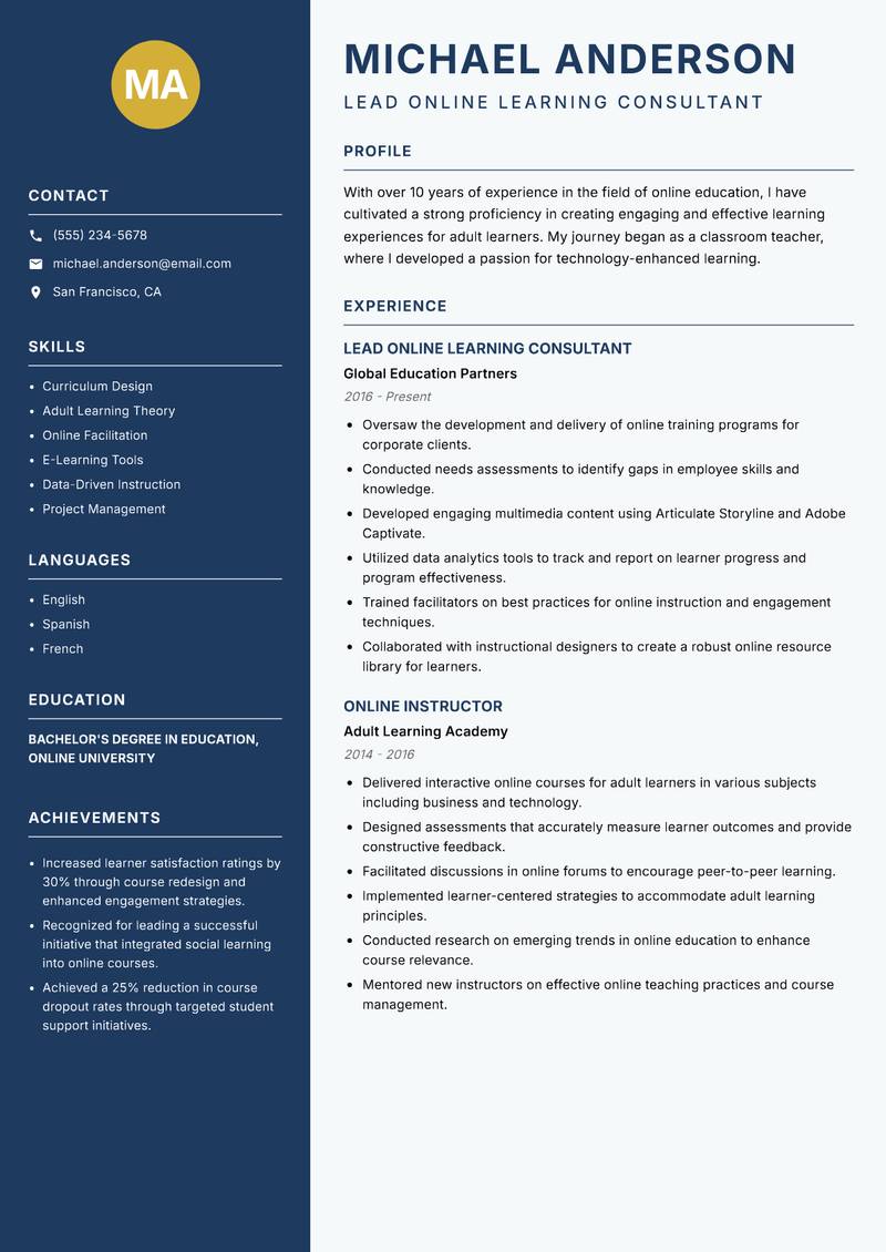 Online Education Practitioner resume template — Classic Clean
