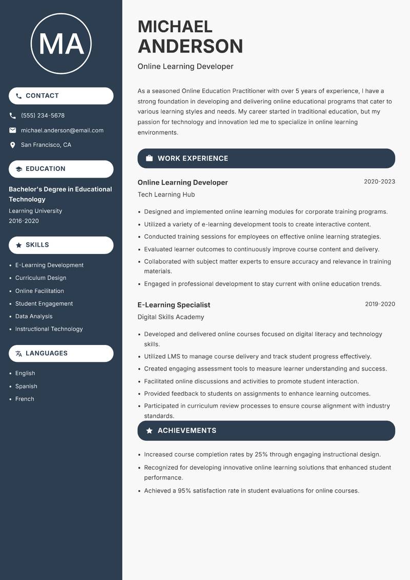 Online Education Practitioner resume template — Compact