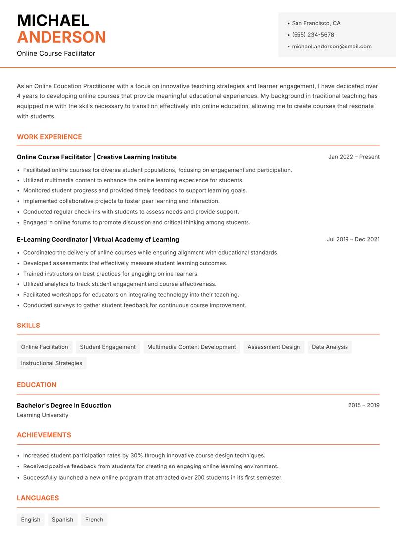 Online Education Practitioner resume template — Modern Professional