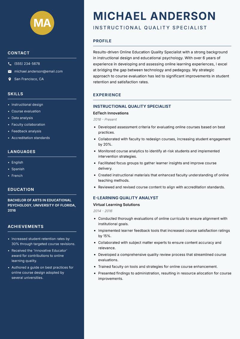 Online Education Quality Specialist resume template — Classic Clean