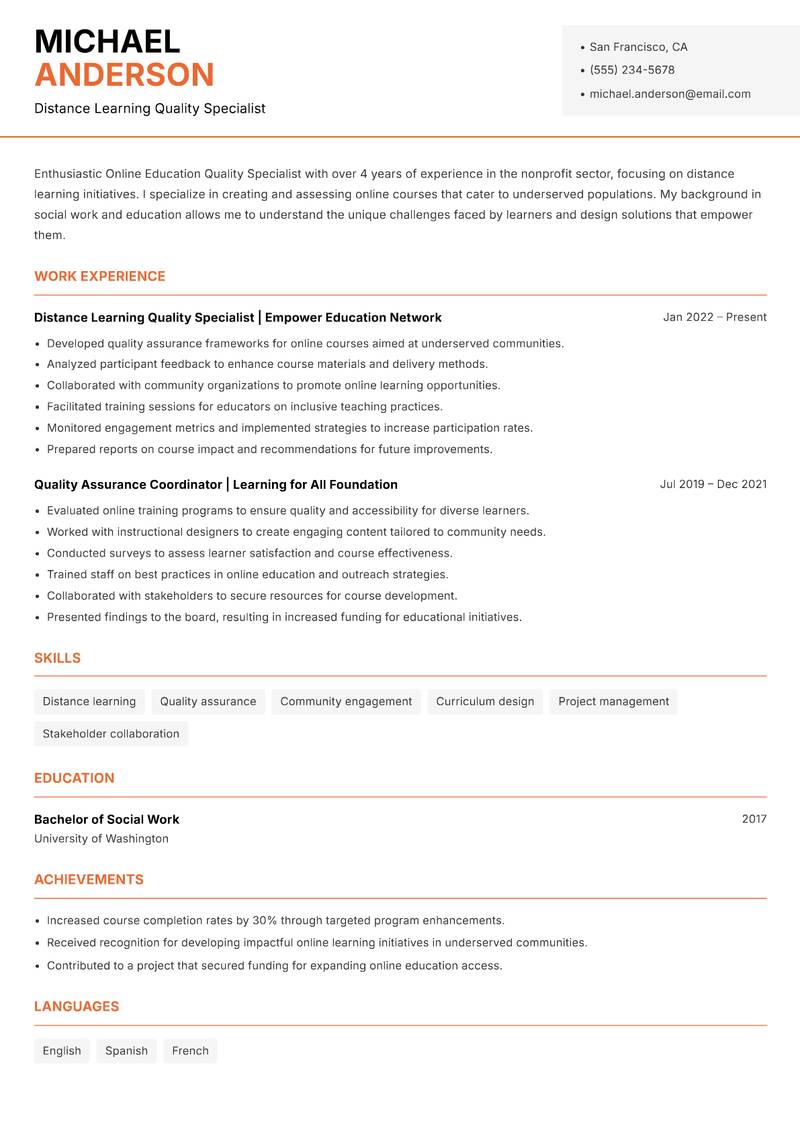 Online Education Quality Specialist resume template — Modern Professional