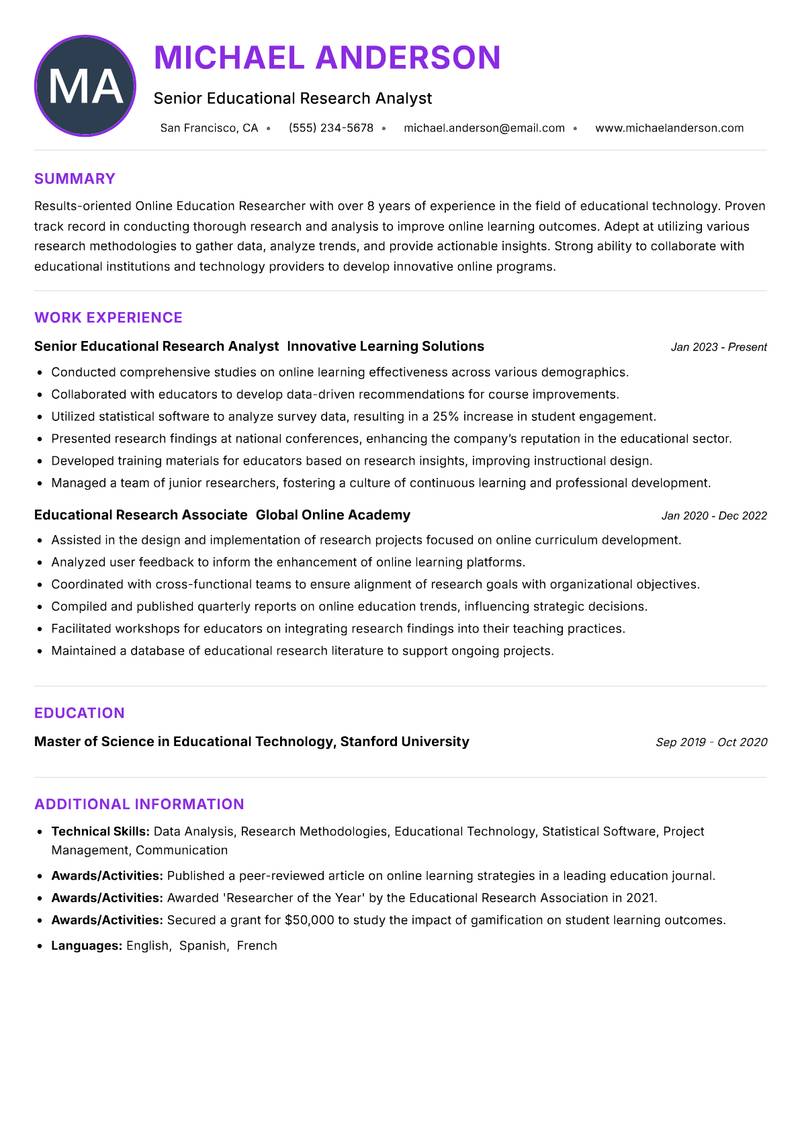 Online Education Researcher resume example — ATS-friendly template