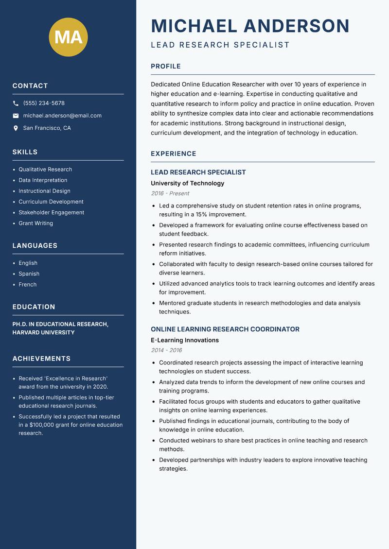 Online Education Researcher resume template — Classic Clean