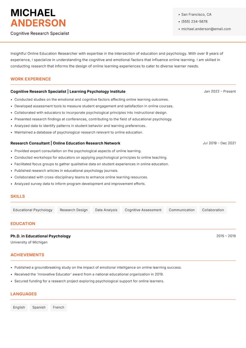 Online Education Researcher resume template — Modern Professional