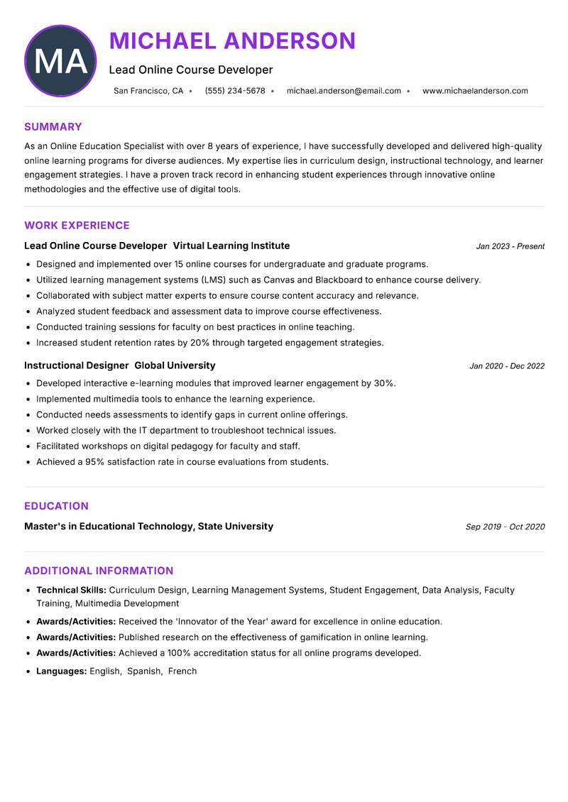 Online Education Specialist resume example — ATS-friendly template
