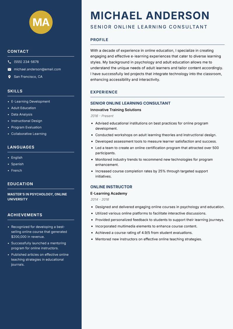 Online Education Specialist resume template — Classic Clean