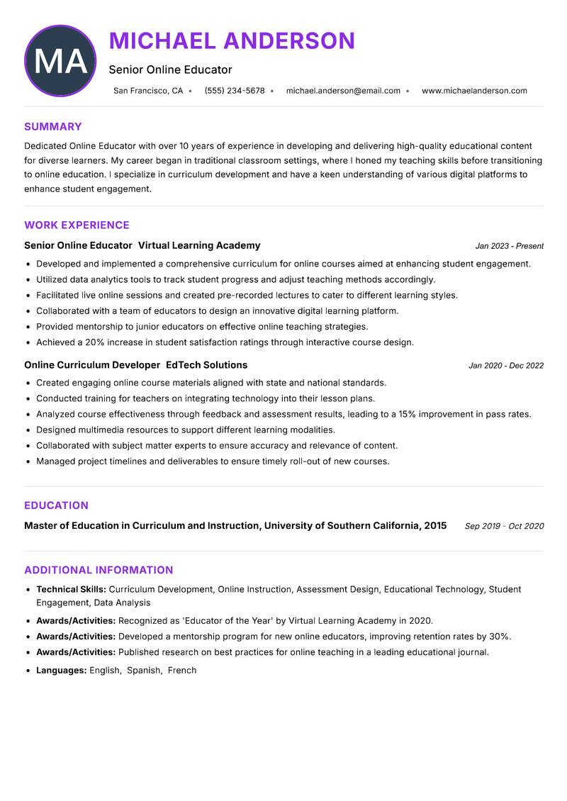 Online Educator resume example — ATS-friendly template