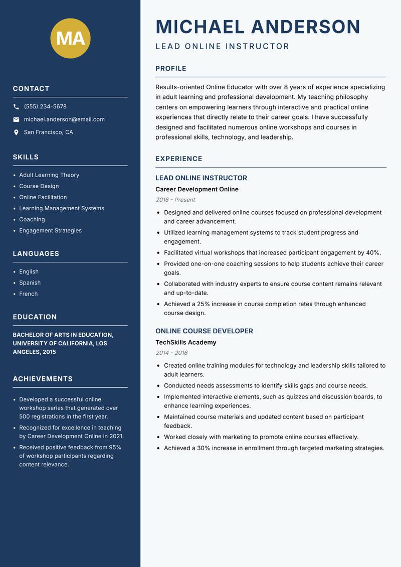Online Educator resume template — Classic Clean
