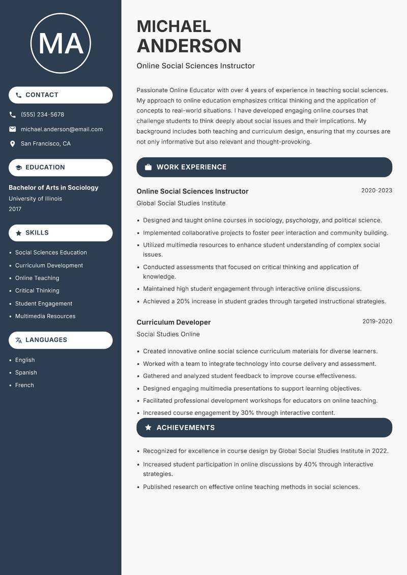 Online Educator resume template — Compact