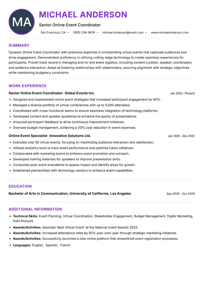 Online Event Coordinator resume example — ATS-friendly template