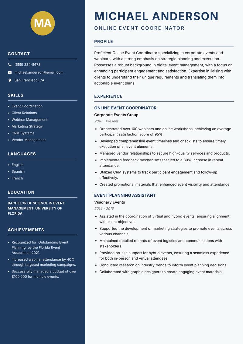 Online Event Coordinator resume template — Classic Clean