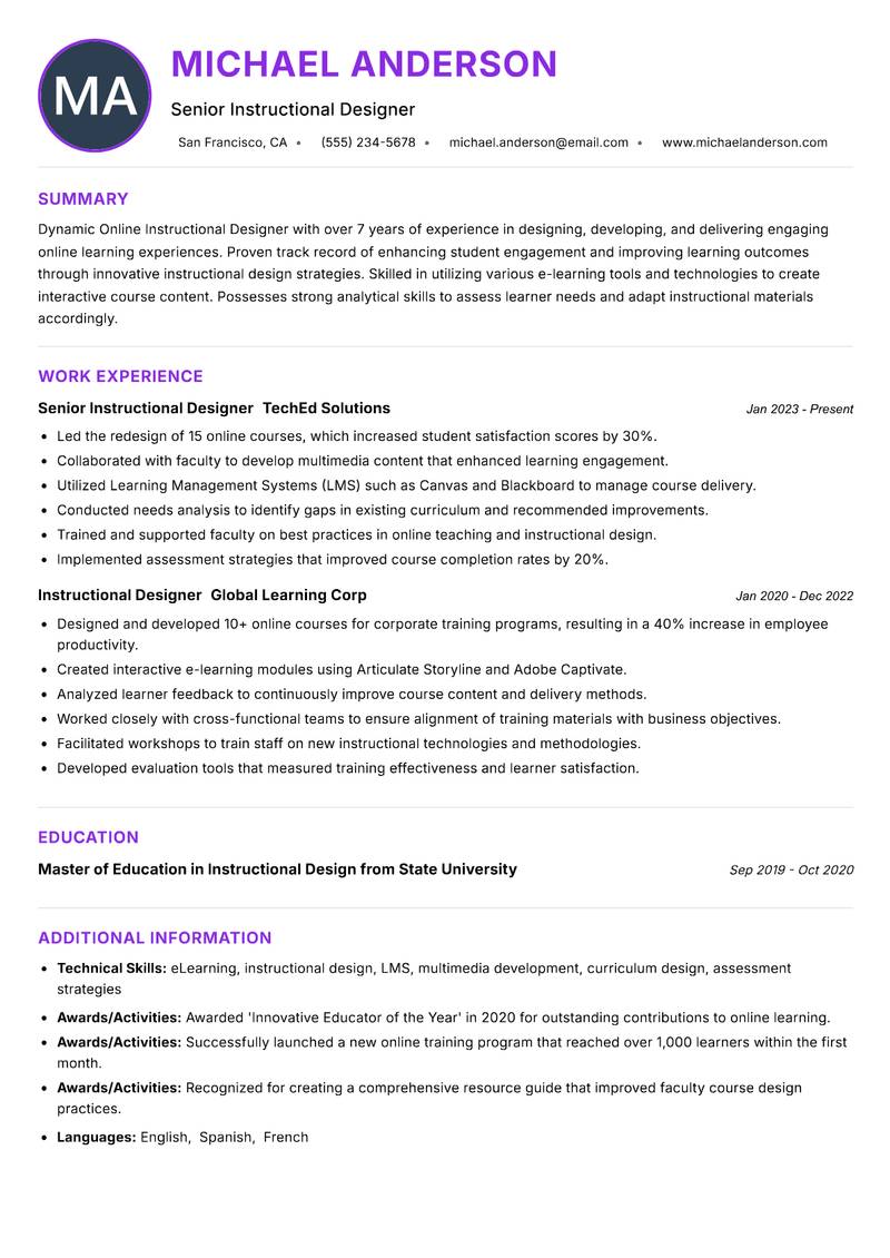 Online Instructional Designer resume example — ATS-friendly template