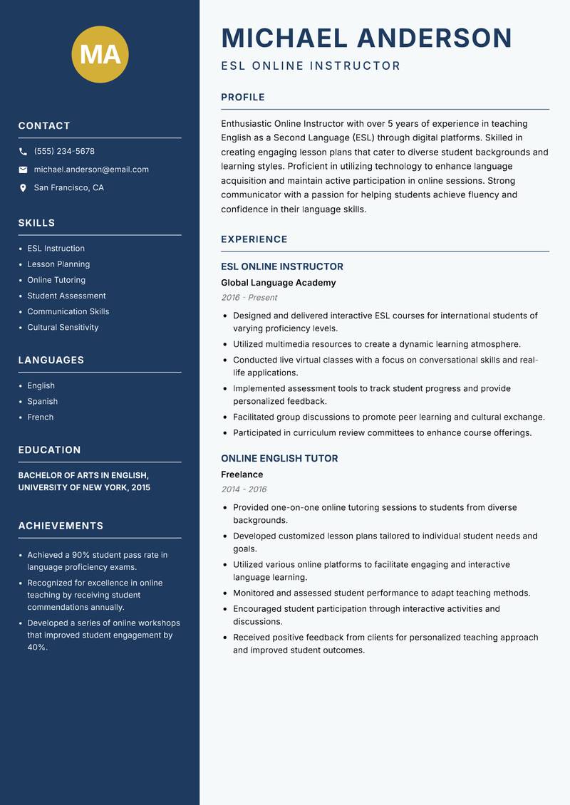 Online Instructor resume template — Classic Clean