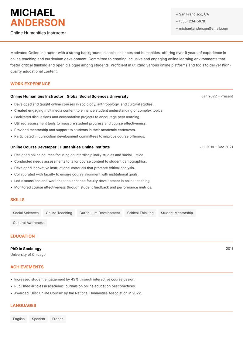 Online Instructor resume template — Modern Professional
