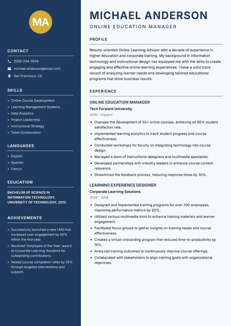 Online Learning Advisor resume template — Classic Clean