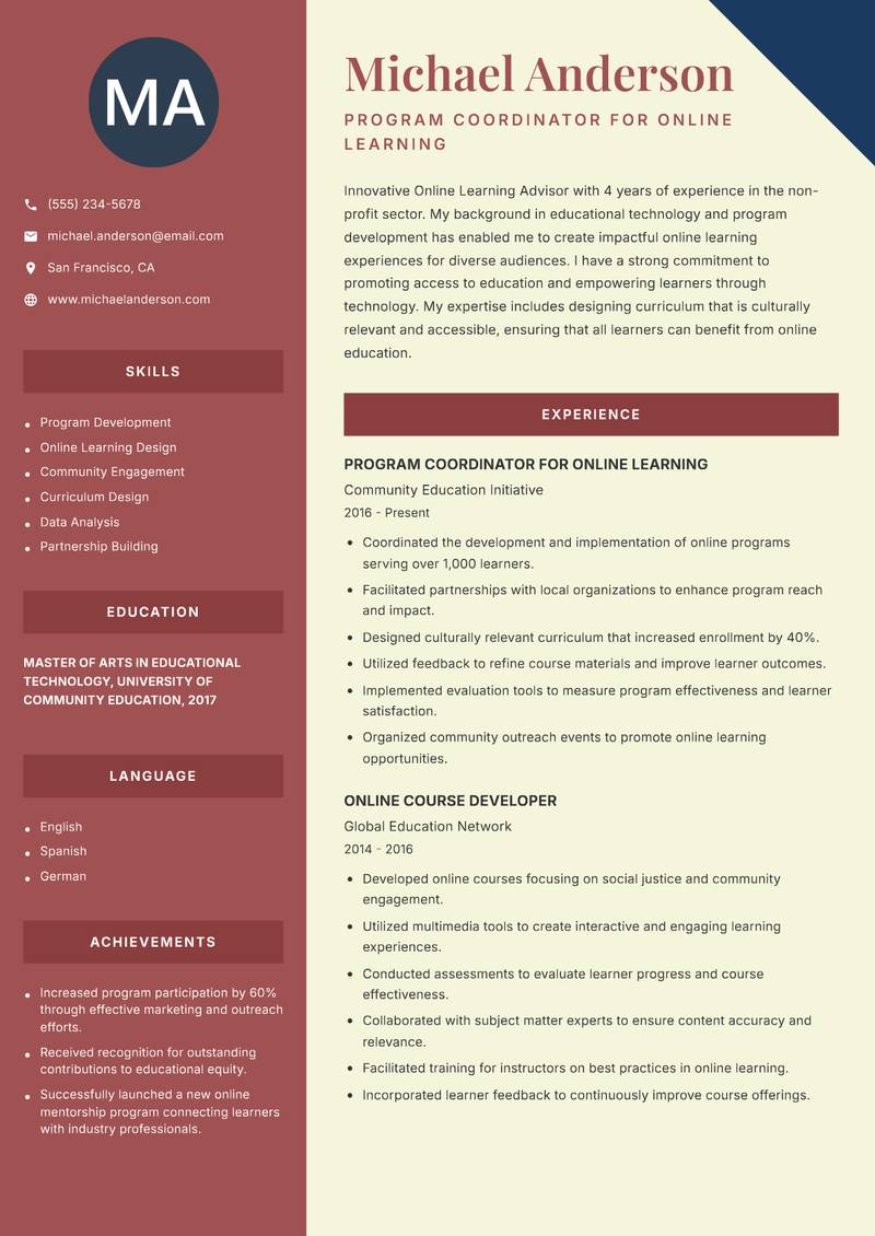 Online Learning Advisor resume template — Two Column