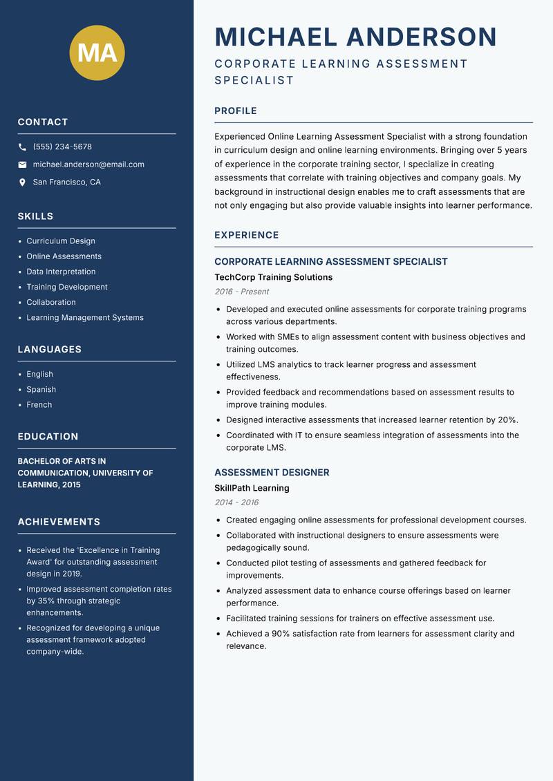 Online Learning Assessment Specialist resume template — Classic Clean