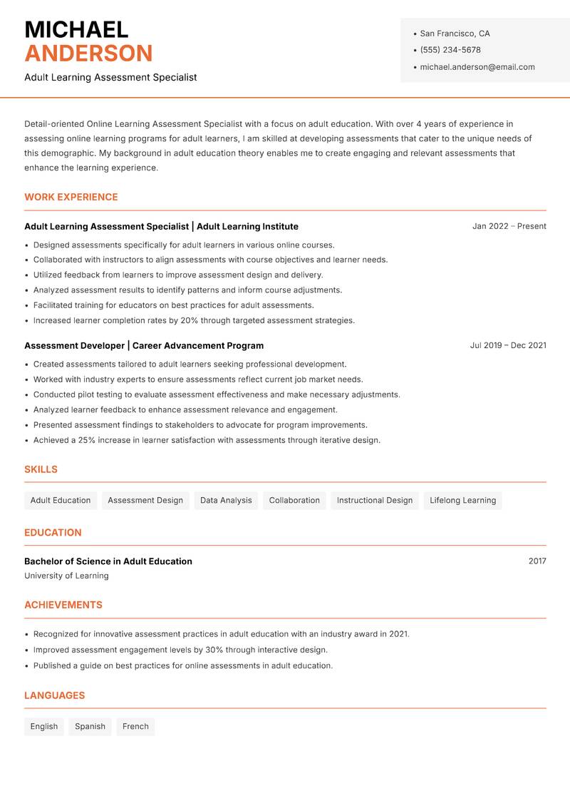 Online Learning Assessment Specialist resume template — Modern Professional