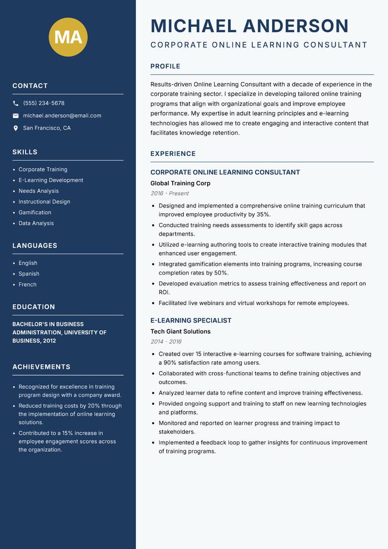 Online Learning Consultant resume template — Classic Clean