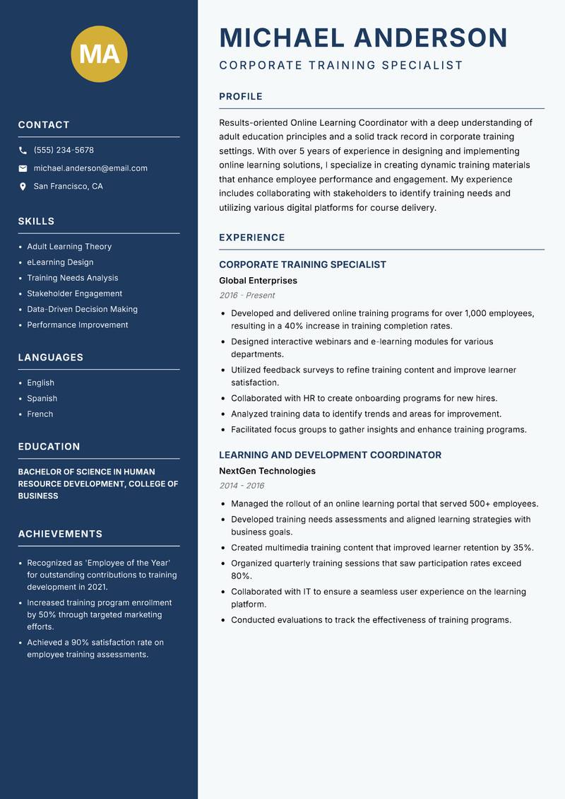 Online Learning Coordinator resume template — Classic Clean