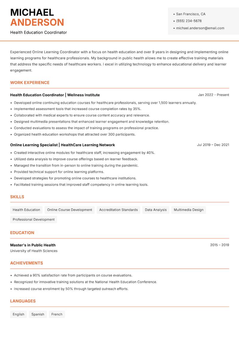 Online Learning Coordinator resume template — Modern Professional