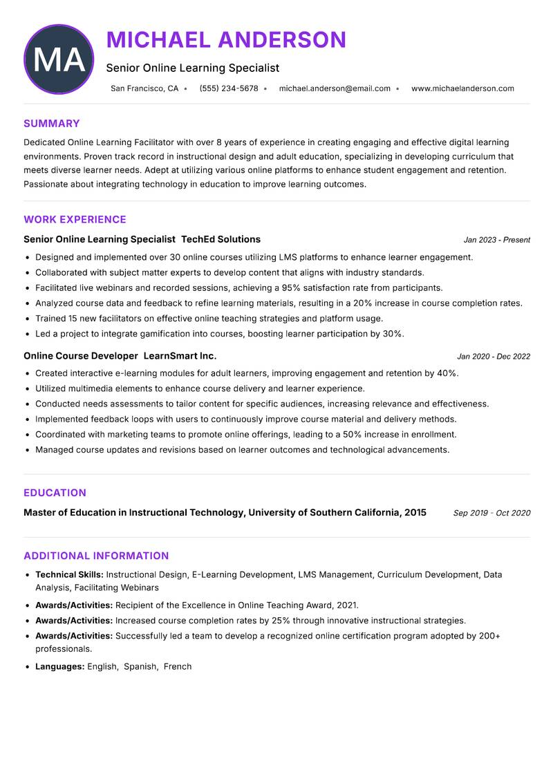 Online Learning Facilitator resume example — ATS-friendly template